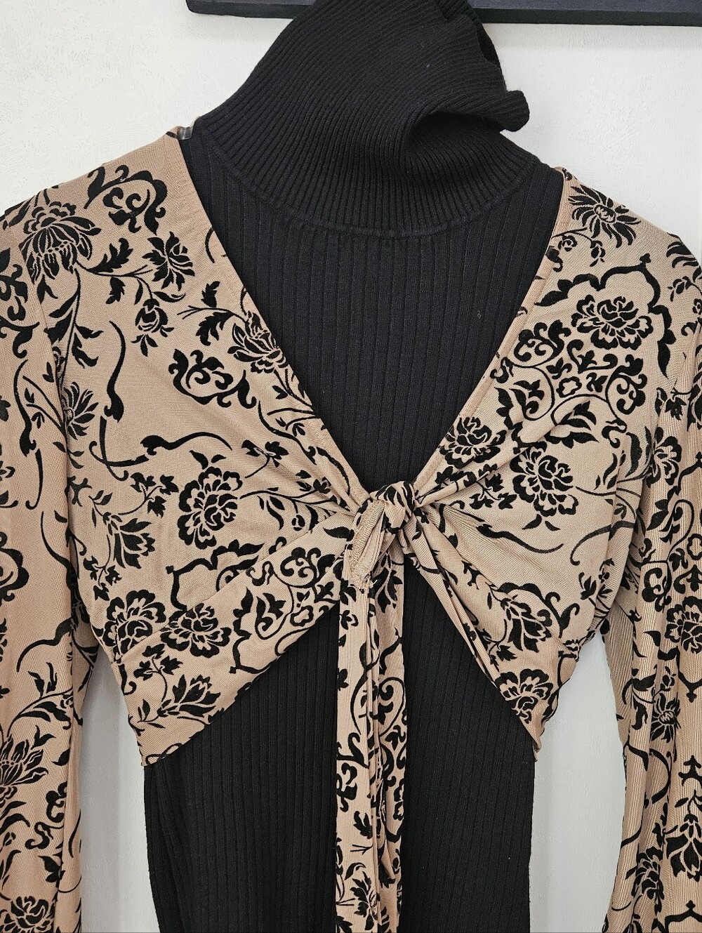 Fairy Grunge Sheer Mesh w/Black Velour Whimsigoth Crop LS Tie Front Shirt